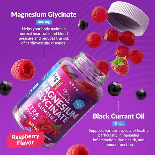 Magnesium Glycinate Gummies 400mg, Magnesium for Slеep, Body Support and Relaxation, Raspberry Magnesium Gummies for Adults with Blackcurrant Oil, Sugar Free, Non GMO, Gluten Free, 60 Days Supply