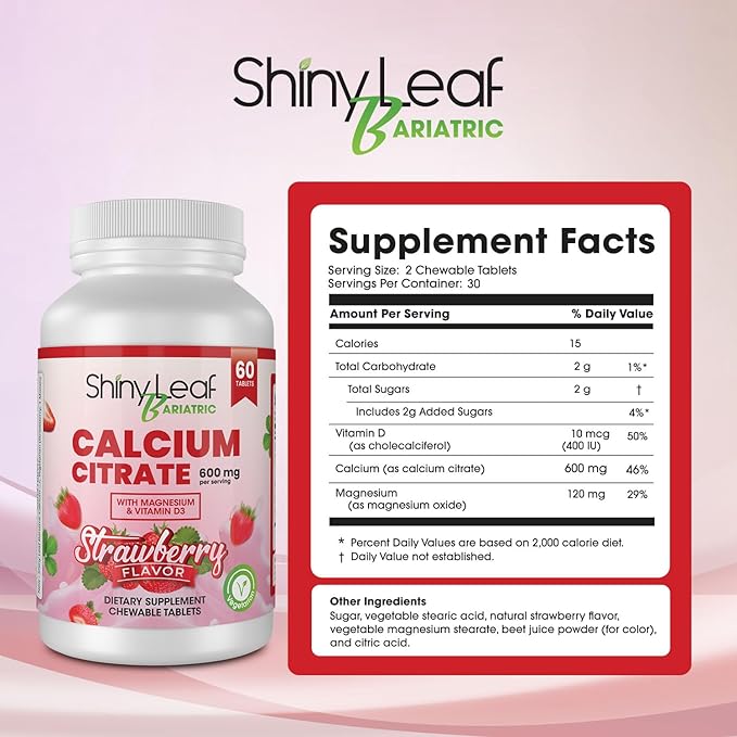 Shiny Leaf Bariatric Calcium Citrate 600 60 Ct D3, Natural (2 Months)