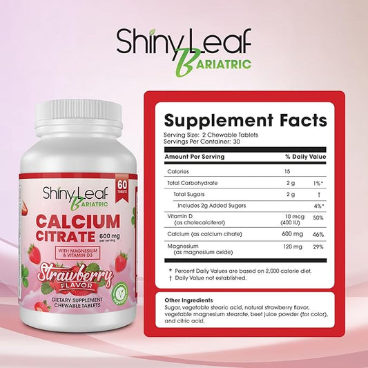 Shiny Leaf Bariatric Calcium Citrate 600mg - Supplement for Bariatric Surgery Patients, 60 Ct Chewable Tablets with Magnesium, Vitamin D3, Natural Strawberry Flavor, Vegetarian (4 Months)