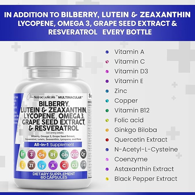 Eye Health Vitamins with Bilberry 6000mg 40mg Lycopene 40mg Resveratrol 3000mg Grape 6000mg Omega 3 4000mg 4000mg Astaxanthin 60 Capsules