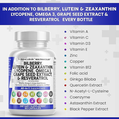 Eye Health Vitamins with Bilberry 6000mg 40mg Lycopene 40mg Resveratrol 3000mg Grape 6000mg Omega 3 4000mg 4000mg Astaxanthin 60 Capsules