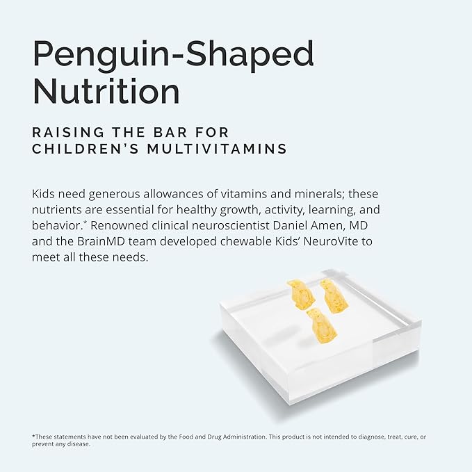 BRAINMD Dr Amen Kids’ NeuroVite, Orange Flavor 120 Penguin-Shaped 60 Servings