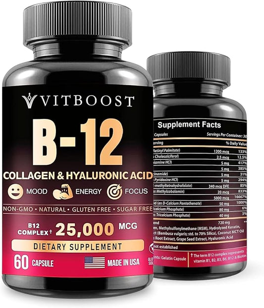 B12 with Hyaluronic Acid, Collagen and 25000 mcg B12 Methylcobalamin B1, B2, B2, B3, B3, B6, B6, B7 B7 Complex 60 Capsules