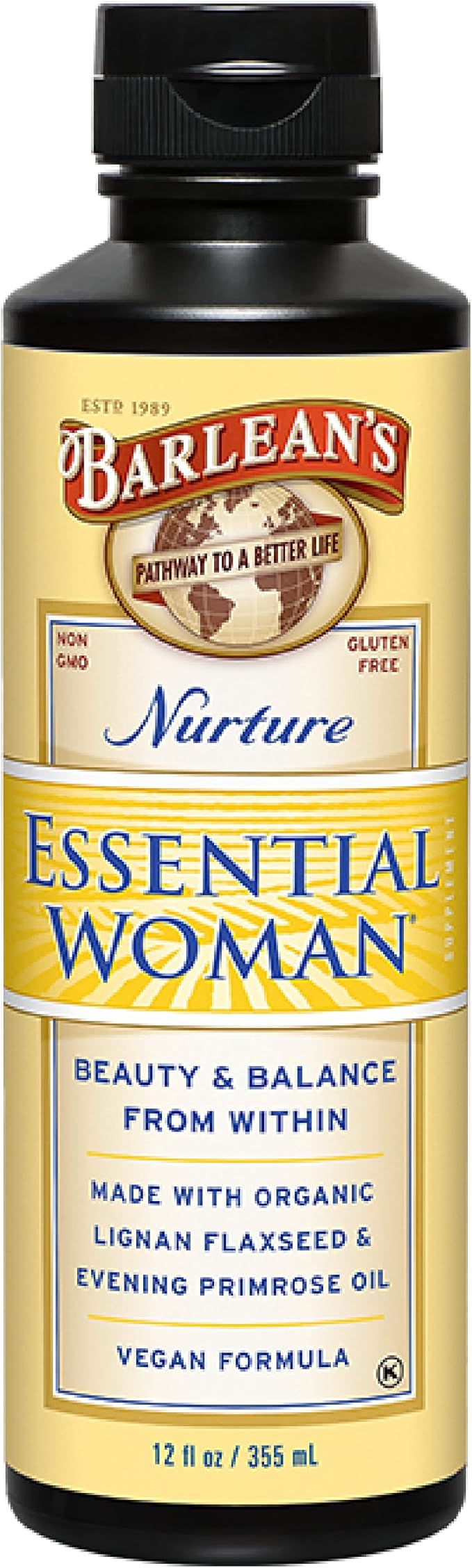 Barlean's Essential Woman Liquid Supplement for Women, Organic Flaxseed, Evening Primrose Oil & Soy Isoflavones, Omega 3 6 9 and GLA, Hormonal Balance & Healthy Hair and Skin, 12 oz