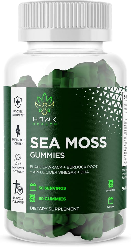 Hawk Health Sea Moss Gummies Vitamin C + Zinc + Bladderwrack + Burdock + Apple Cider Vinegar – Extra Strength Immune & Thyroid Support Booster Gummies for Adults Made in USA