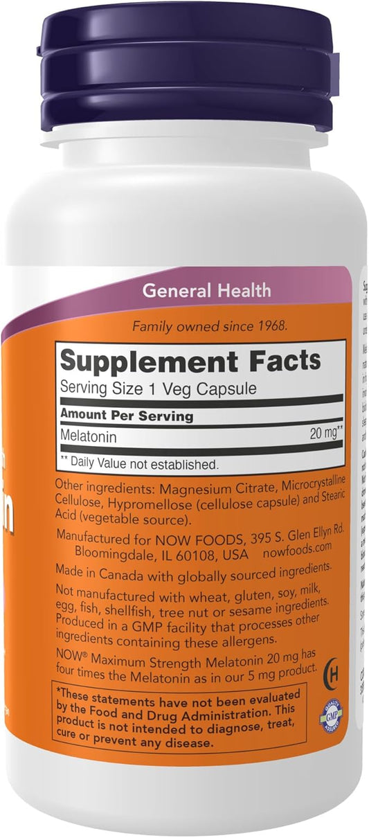 NOW Supplements, Maximum Strength Melatonin 20 90 Veg