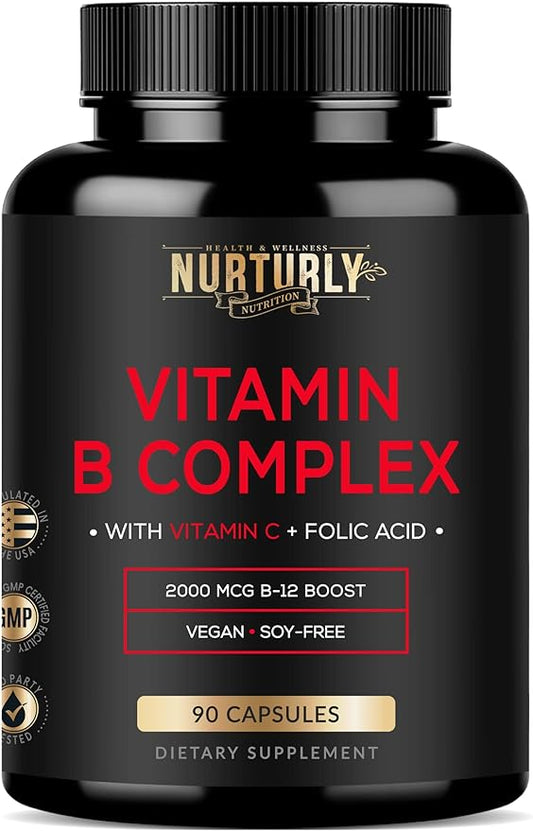 Vitamin B Complex with Vitamin C B1, B2, B2, B3, B3, B5, B5, B6, B6, B7, B7, B9, B9, B12 B12 and 90 Capsules
