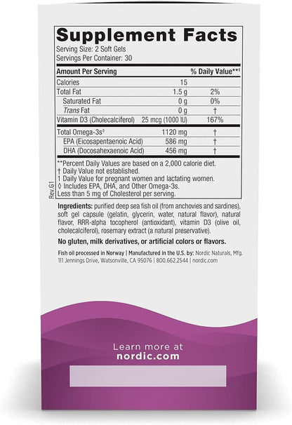 Nordic Naturals Postnatal Omega-3, Lemon 60 Soft 1120 Total Omega-3 + 1000 IU D3 - 30 Servings