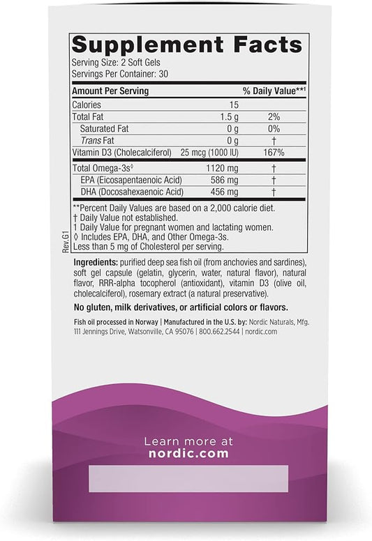 Nordic Naturals Postnatal Omega-3, Lemon 60 Soft 1120 Total Omega-3 + 1000 IU D3 - 30 Servings