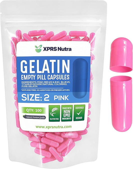 XPRS Nutra Size 2 Empty Capsules - 100 Count Empty Gelatin Capsules - Empty Pill Capsules - DIY Capsule Filling - Pure Bovine Pill Capsules Empty Gel Caps (Pink)