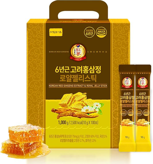 6-Year Korean Red Ginseng Extract & Royal Honey | 100 Sticks | Sweet Flavor | 70mg Ginseng, 15% Australian Honey | Energy, Focus, Fatigue, Immune Support | Daily Supplement for Men & Women