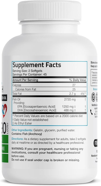 Bronson Omega 3 Fish Oil Triple 2720 mg, 1250 mg 488 mg, 90 Softgels