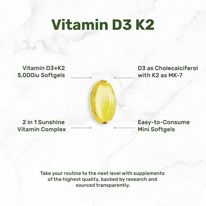 DEAL SUPPLEMENT 2 Pack Vitamin D3 5,000 IU + K2 MK7 Softgels, 500 Count | 2-in-1 Complex | Supports Heart, Bone, Teeth & Immune Health | Easy to Swallow