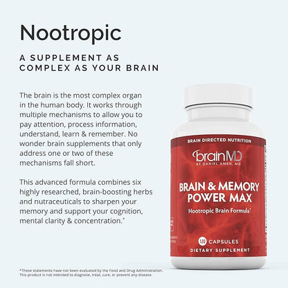 BRAINMD Dr Amen Brain & Memory Power MAX - 120 Capsules - Nootropic Supplement with Ginkgo Biloba Extract & Huperzine A - 30 Servings