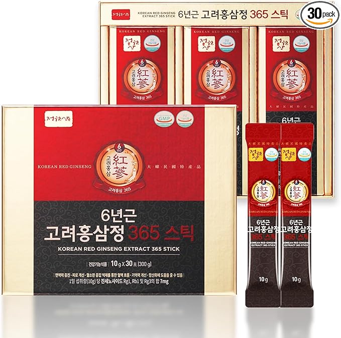 6-Year Korean Red Ginseng Extract 365 | 30 Sticks | Vegan | 7mg Ginsenosides per Stick | Energy, Focus, Fatigue, Immune Support | Supplement for Men & Women