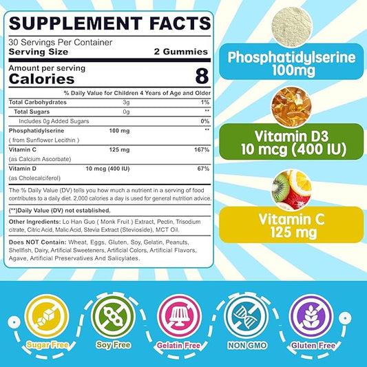 Phosphatidylserine Supplement 100mg, Focus Gummies for Kids Teens + Vitamin C & D3 400IU, Sugar Free Kids Brain Gummies Increase Attention & Concentration, Chewable, Vegan, Gluten Free, Non-GMO 60Cts