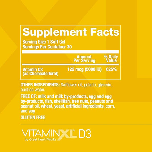 OmegaXL VitaminXL D3 High Potency Daily Vitamin D 5000 IU 125mcg Immune Support Supplement - Promotes Healthy Muscle Function & Strong Bones - Non-GMO, Gluten-Free - 30 Softgels