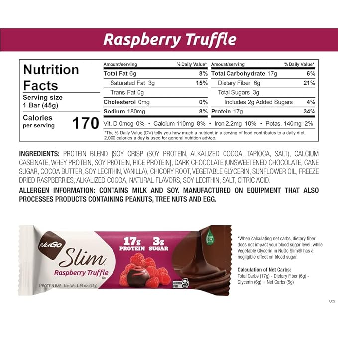 NuGo Slim Dark Chocolate Raspberry Truffle, 17g Protein Bar, Gluten Free, Non-GMO, Kosher, Keto Friendly, Low Carb, 12 Count