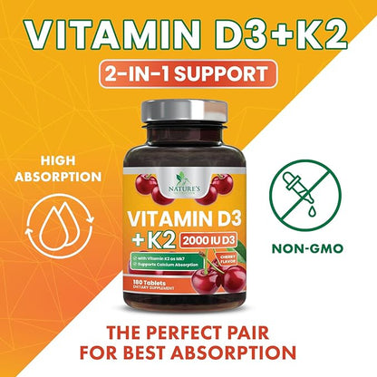 Vitamin D3 K2 as MK-7 2000iu of D3 & 75mcg K2, K2, Vitamin K2 D3 D3 Bone 180 Chewable