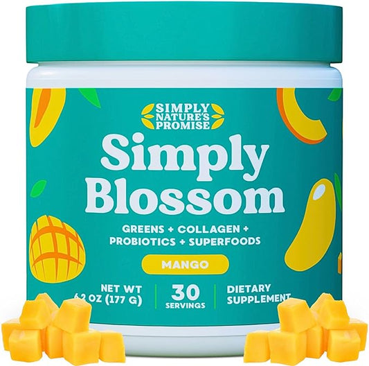 Simply Blossom Nutrition Daily Greens & Superfood Powder + Collagen + Probiotics for Women's Digestive Health & Bloating Relief. Help Your Health Bloom - 30 Day Supply - Mango