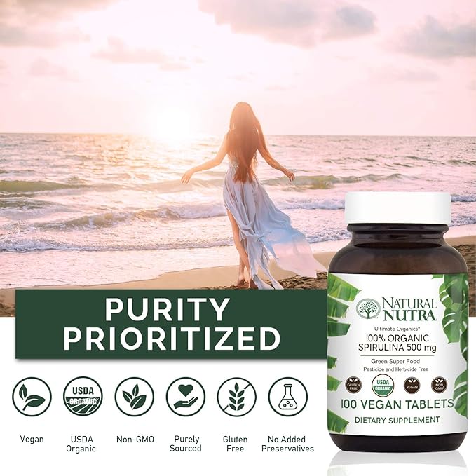 Natural Nutra 100% USDA Organic Spirulina 300mg, 100 100 Vegan