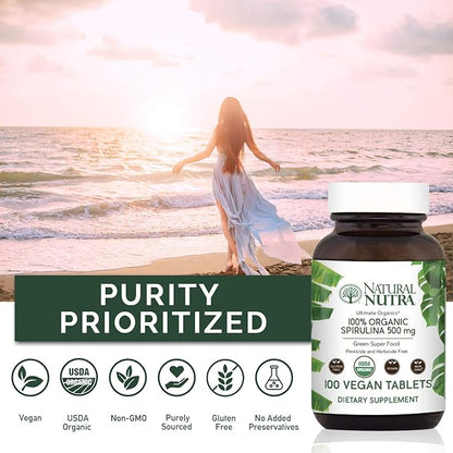 Natural Nutra 100% USDA Organic Spirulina 300mg, 100 100 Vegan