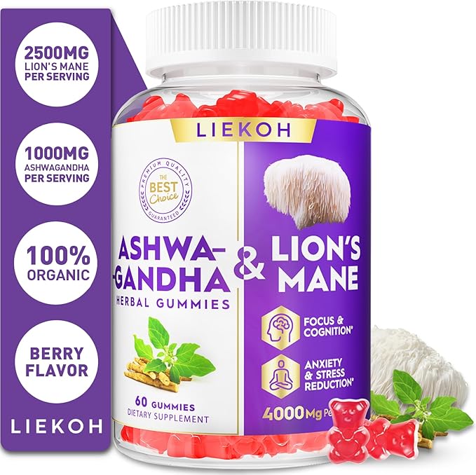 Ashwagandha & Lions Mane Gummies for Adults -Cortisol and Brain Health, 4000mg Ultra Strength Lion's Mane Mushroom Supplements for Cognitive & Immune, Berry Flavor - 180 Organic Mushroom Gummies