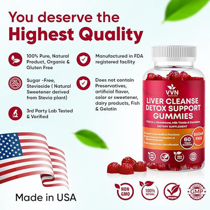 VVNaturals Sugar-Free 26-in-1 Liver Cleanse Detox & Repair Fatty Liver Formula Gummies; 3000mg Blend of Glutathione, Silymarin Milk Thistle, Choline, TUDCA | Liver Detox Gummies - 60 Vegan Ct