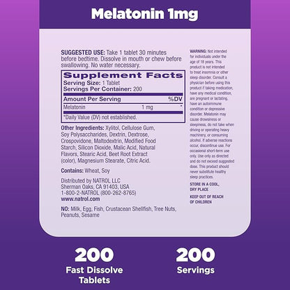 Natrol Melatonin 1mg, Strawberry-Flavored Dietary Supplement 200 Fast-Dissolve 200 Day