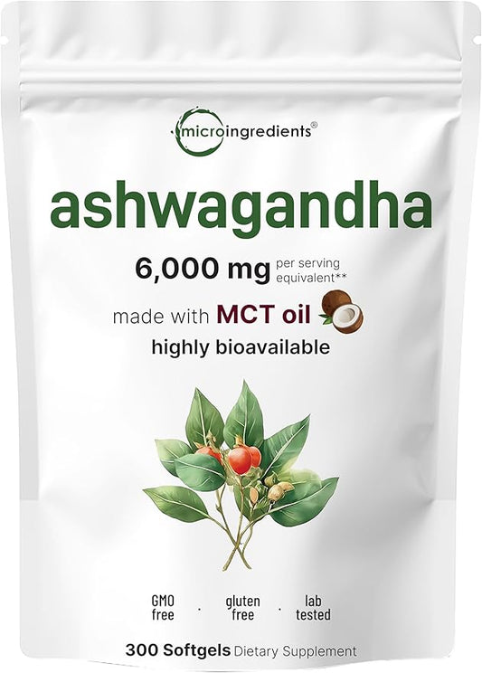 Ashwagandha Supplements 6,000mg Per Serving | 300 Coconut MCT Oil Softgels with Black Pepper for Better Absorption | Potent Root Extract | Natural Herbal Support for Relaxation | Non-GMO
