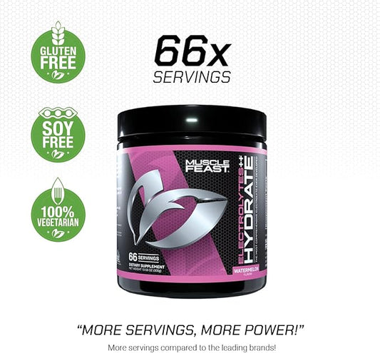 Muscle Feast Hydrate Sugar Free Electrolytes Powder for Muscle Cramping, Keto Zero Calorie, Watermelon, 300g (66 Servings)