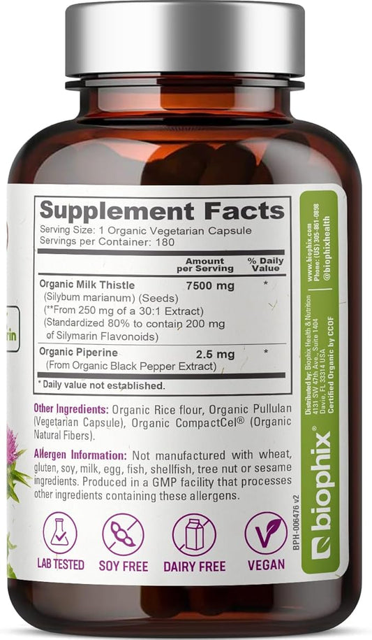 biophix Milk Thistle USDA Organic 30:1 7500 mg 180 Veggie