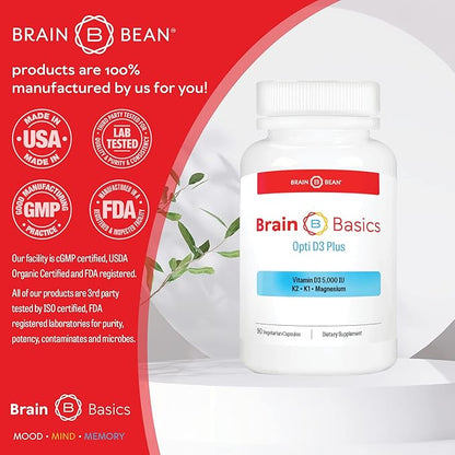 Brain Basics Opti D3 Plus D3 K2 K2 5,000IU, 5,000IU, Vitamin K1, and 90 Servings
