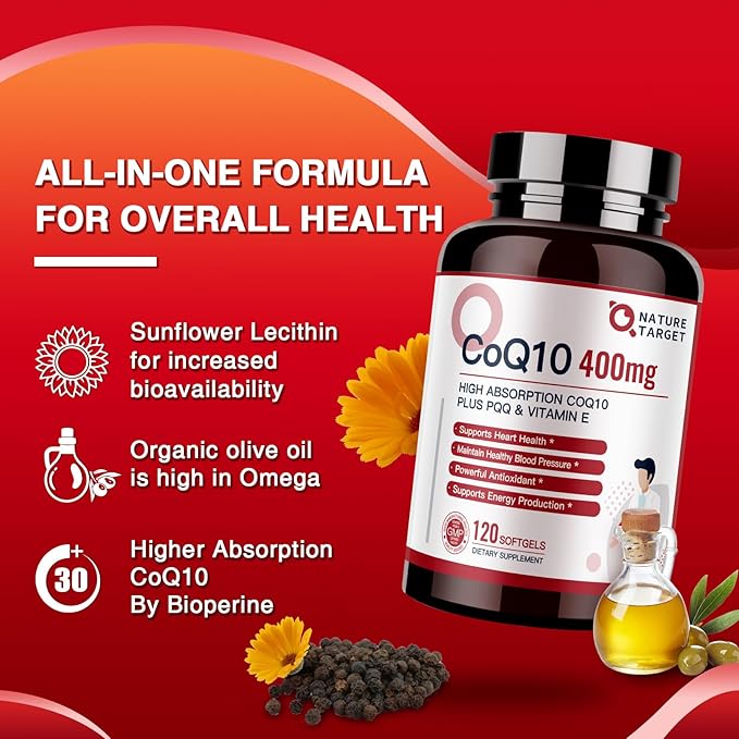 NATURE TARGET CoQ10-400mg Plus PQQ Coenzyme-Q10 with Production,120 Servings