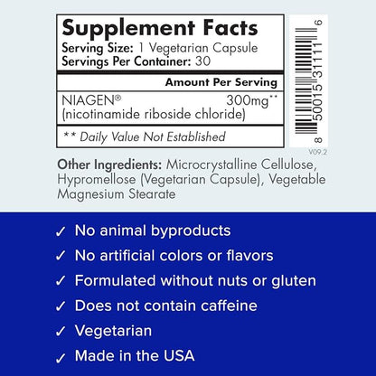 TRU NIAGEN Patented NAD+ Supplement for Anti Aging and Cell Regeneration, 300 mg Niagen, 30 Servings | Supports Cellular Energy, Brain, Muscle | Nicotinamide Riboside (NR) Take 1 Daily | 1 Bottle