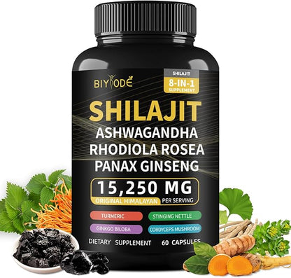 Shilajit Capsules Himalayan 8-in-1 Concentrated Organic, 15250mg of 60 Caps, 30 Day