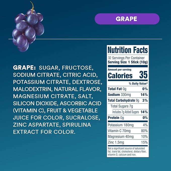DripDrop Hydration - Grape - Electrolyte Drink Mix Single Serve Powder Packets | Non-GMO, Gluten Free, Vegan | 32 Sticks