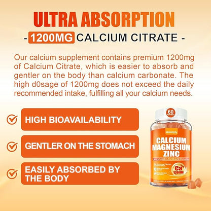 Calcium 1200 mg with Vitamin D3 Gummies for Adults - Calcium Citrate with Vitamin D3 K2, Magnesium, Zinc, Boron, Copper and Ashwagandha - Extra Absorption Calcium Supplement for B0ne, Muscle, Immune