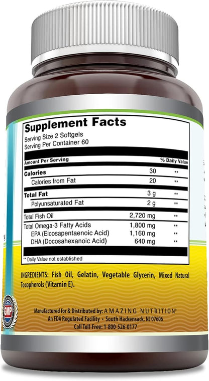 Amazing Omega Triple Strength Fish Oil (Omega-3, EPA/DHA) 1360 Mg 120 Softgels
