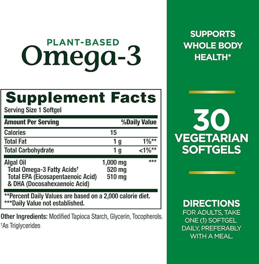Nature's Bounty Plant-Based Omega-3, Supports Heart, 520mg Omega-3, Omega-3, 30 30 Softgels