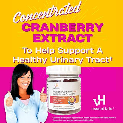 vH essentials Probiotic Gummies with Prebiotics & Cranberry, Concentrated Extract for Urinary Tract Health, Supports Vaginal Microflora Balance for a Healthy Feminine Tract, 60 Count
