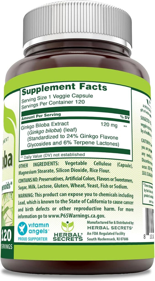 Herbal Secrets Ginkgo Biloba Supplement 120mg 120 Capsules 24% Ginkgo
