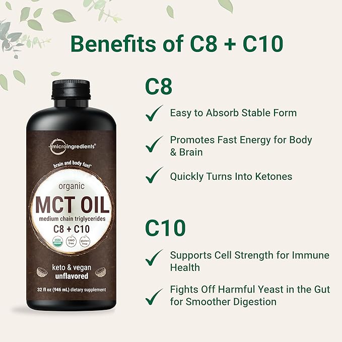Micro Ingredients Organic MCT Oil, 32 fl oz | C8 + C10 Fatty Acids from Coconuts | Natural Fuel for Brain Energy & Ketone Production | Great for Coffee or Dressings | Unflavored, Keto, Vegan