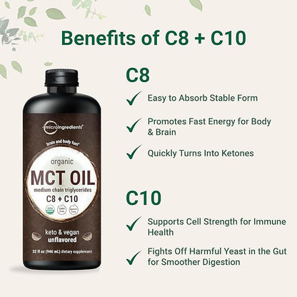 Micro Ingredients Organic MCT Oil, 32 fl oz | C8 + C10 Fatty Acids from Coconuts | Natural Fuel for Brain Energy & Ketone Production | Great for Coffee or Dressings | Unflavored, Keto, Vegan