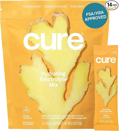 Cure Hydrating Electrolyte Mix | Powder for Dehydration Relief | Made with Coconut Water | No Added Sugar | FSA & HSA | Vegan | Paleo Friendly | Pouch of 14 Packets - Ginger Turmeric