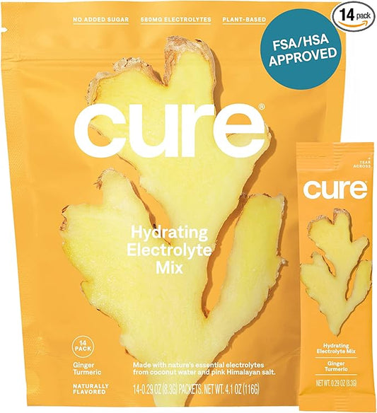 Cure Hydrating Electrolyte Mix | Powder for Dehydration Relief | Made with Coconut Water | No Added Sugar | FSA & HSA | Vegan | Paleo Friendly | Pouch of 14 Packets - Ginger Turmeric