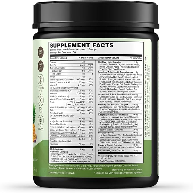 TERRA ORIGIN Healthy Greens Powder Supplement | Superfood Digestive Enzyme & Probiotic Blends | Immune, Gut, and Digestive Support for Women | Tropical Passion Fruit (30 Servings)