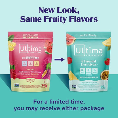 Ultima Replenisher Daily Electrolyte Powder Drink Mix – Tropical Variety, 20 Stickpacks – Hydration Packets with 6 Electrolytes and Minerals – Keto Friendly, Non-GMO and Sugar-Free