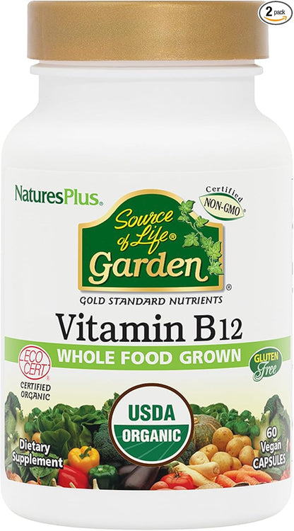 Natures Plus Source of Life Garden Vitamin B12 - Pack of 2, 60 Vegan Capsules - Vegetarian, Gluten Free, Certified Organic - 60 Total Servings