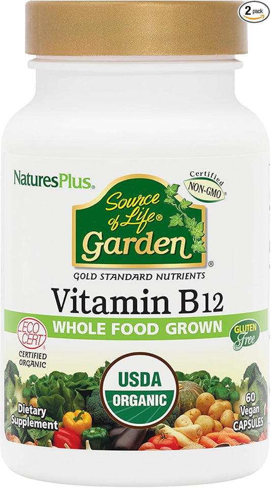 Natures Plus Source of Life Garden Vitamin B12 - Pack of 2, 60 Vegan Capsules - Vegetarian, Gluten Free, Certified Organic - 60 Total Servings